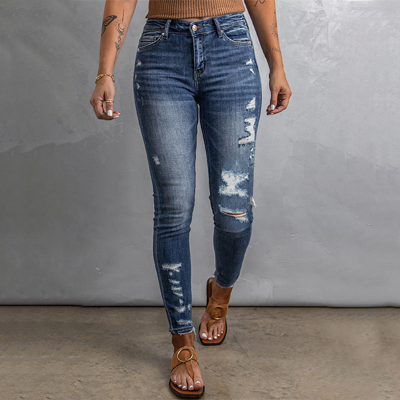 Jean taille haute décontracté et ajusté pour femme, effet vieilli, bleu foncé
