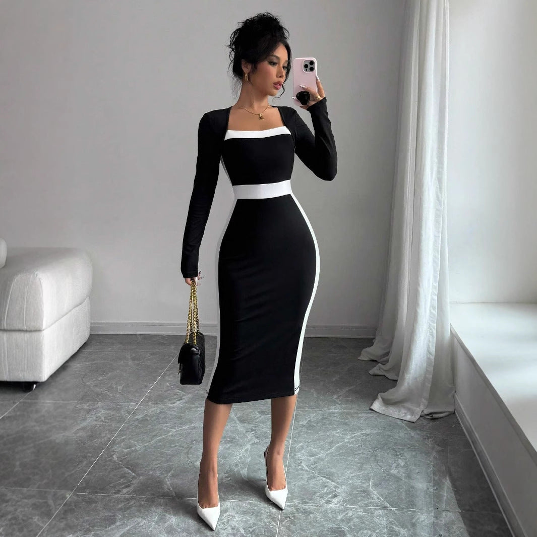 Robe noire élégante moulante à col carré et manches longues pour femme