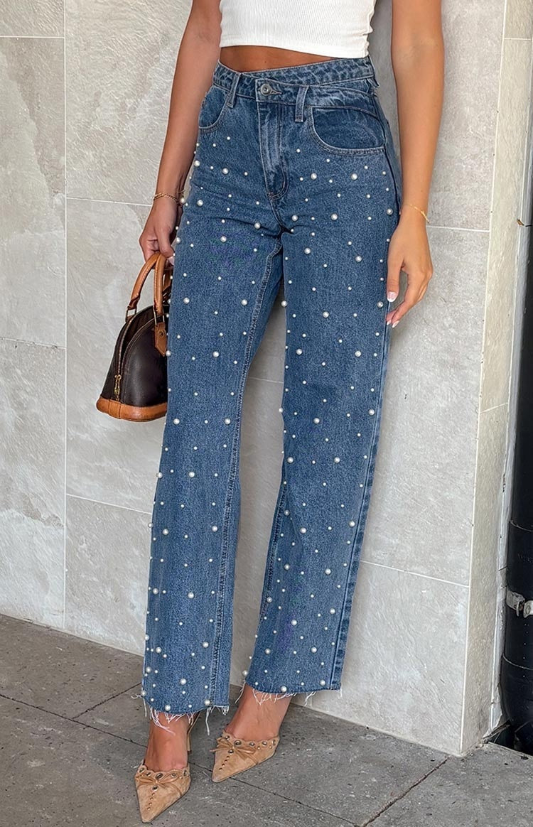 Oblique Waist Blue Denim Straight-Leg Beaded Frayed Hem Jeans