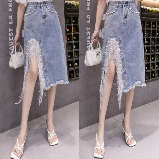 Women's Irregular Denim Skirt with Beaded Sequins and Fringe