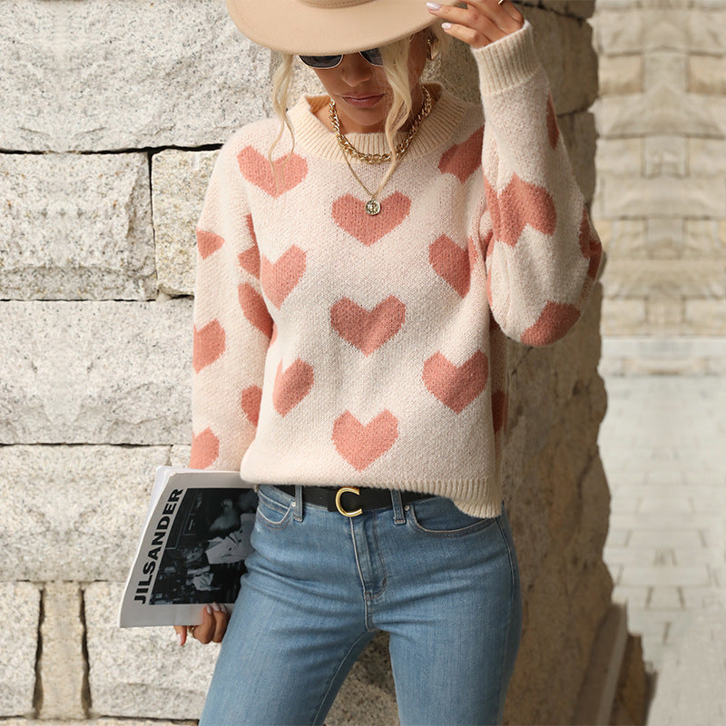 Fashion Love Print Knitting Sweater Casual Long-Sleeve Pullover for Women