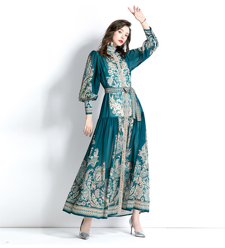 Muslim Women Long Sleeve Puff Sleeve Lace Print Dress with Stand-Up Collar