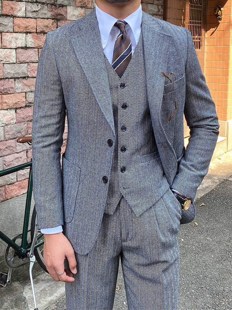 Retro Herringbone Wool Slim Fit Men's Winter Suit Set