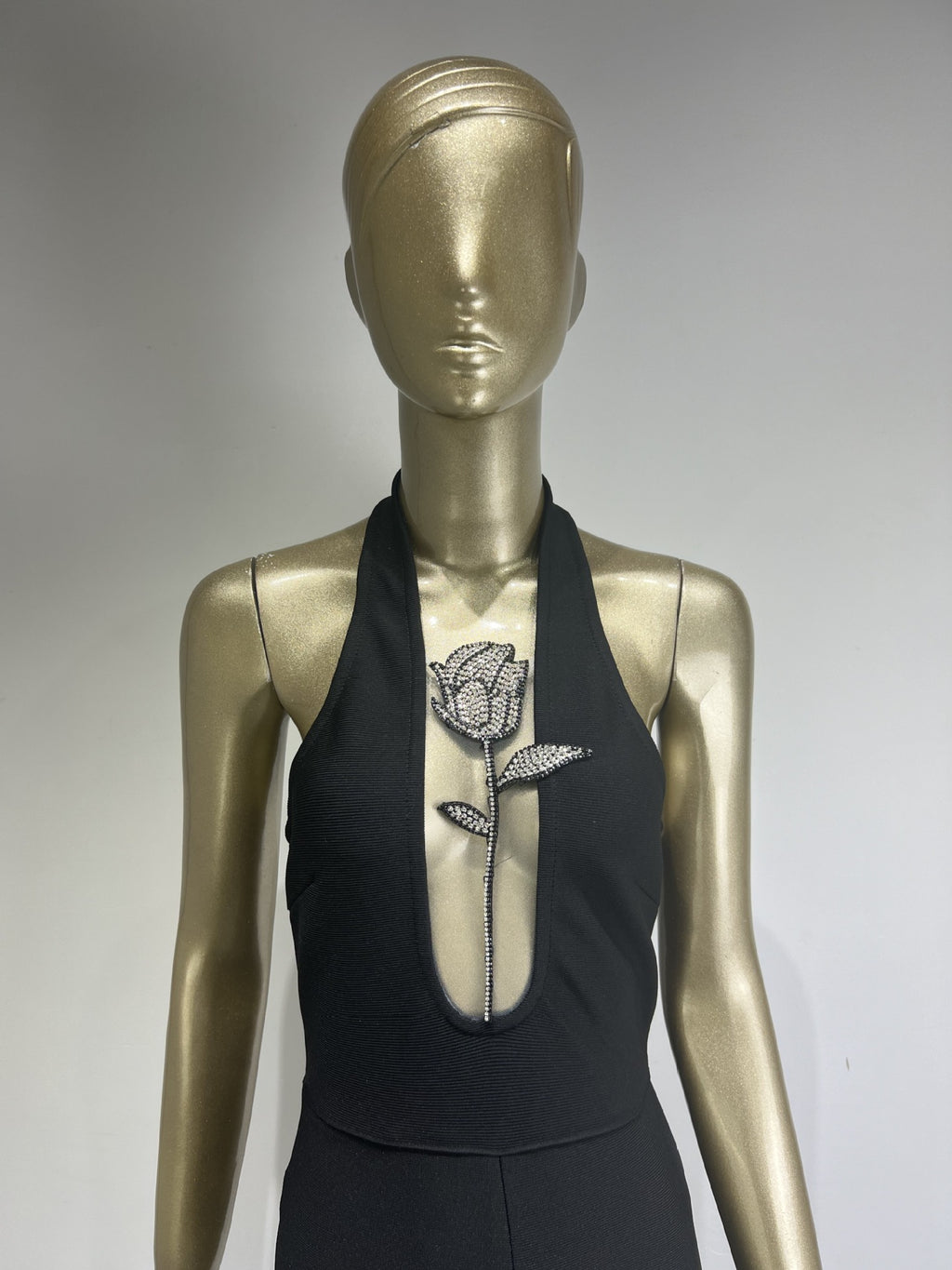 Halter Deep V Black Lace-Up Diamond Rose Tight Jumpsuit Party Dress