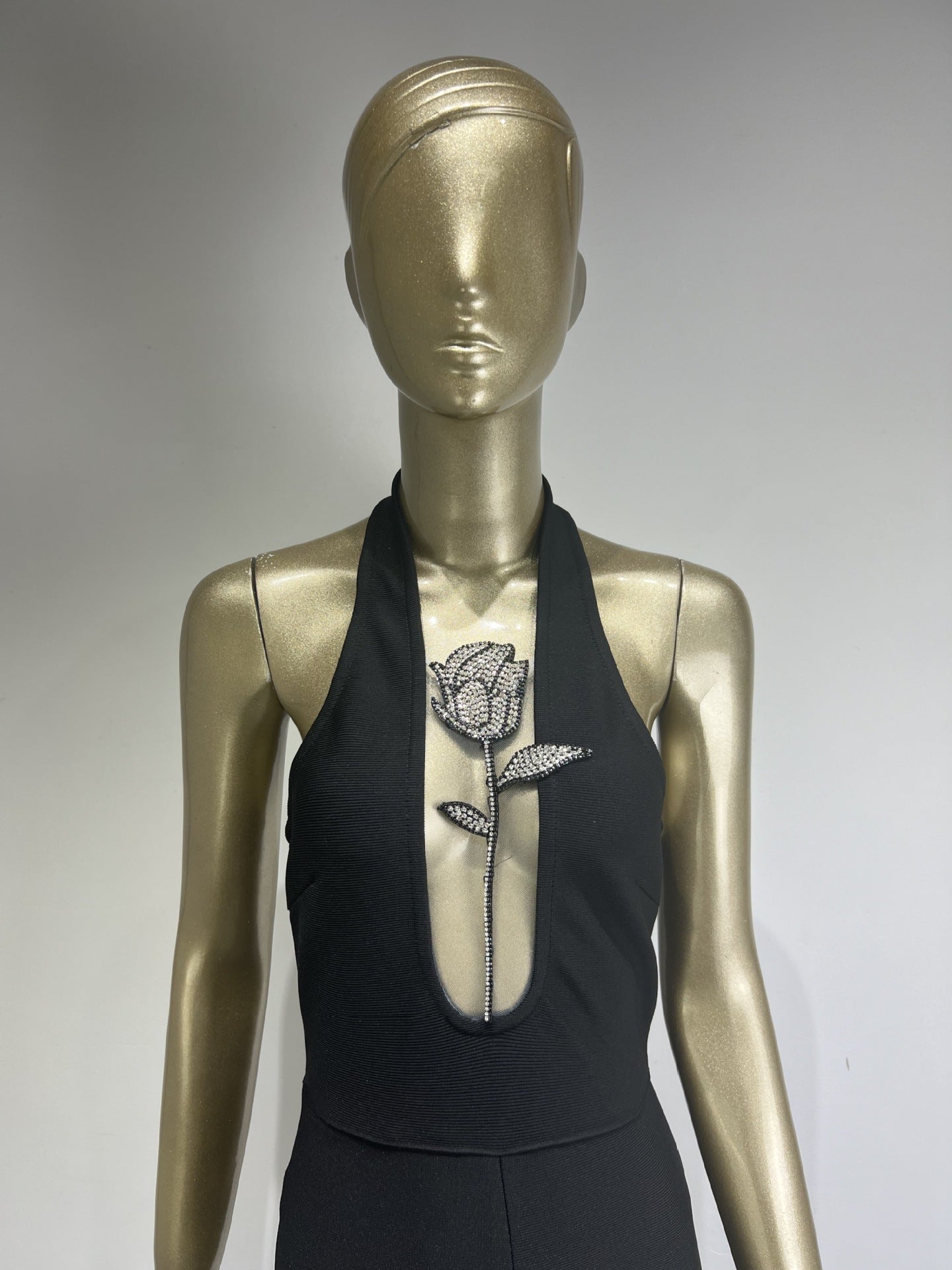 Halter Deep V Black Lace-Up Diamond Rose Tight Jumpsuit Party Dress