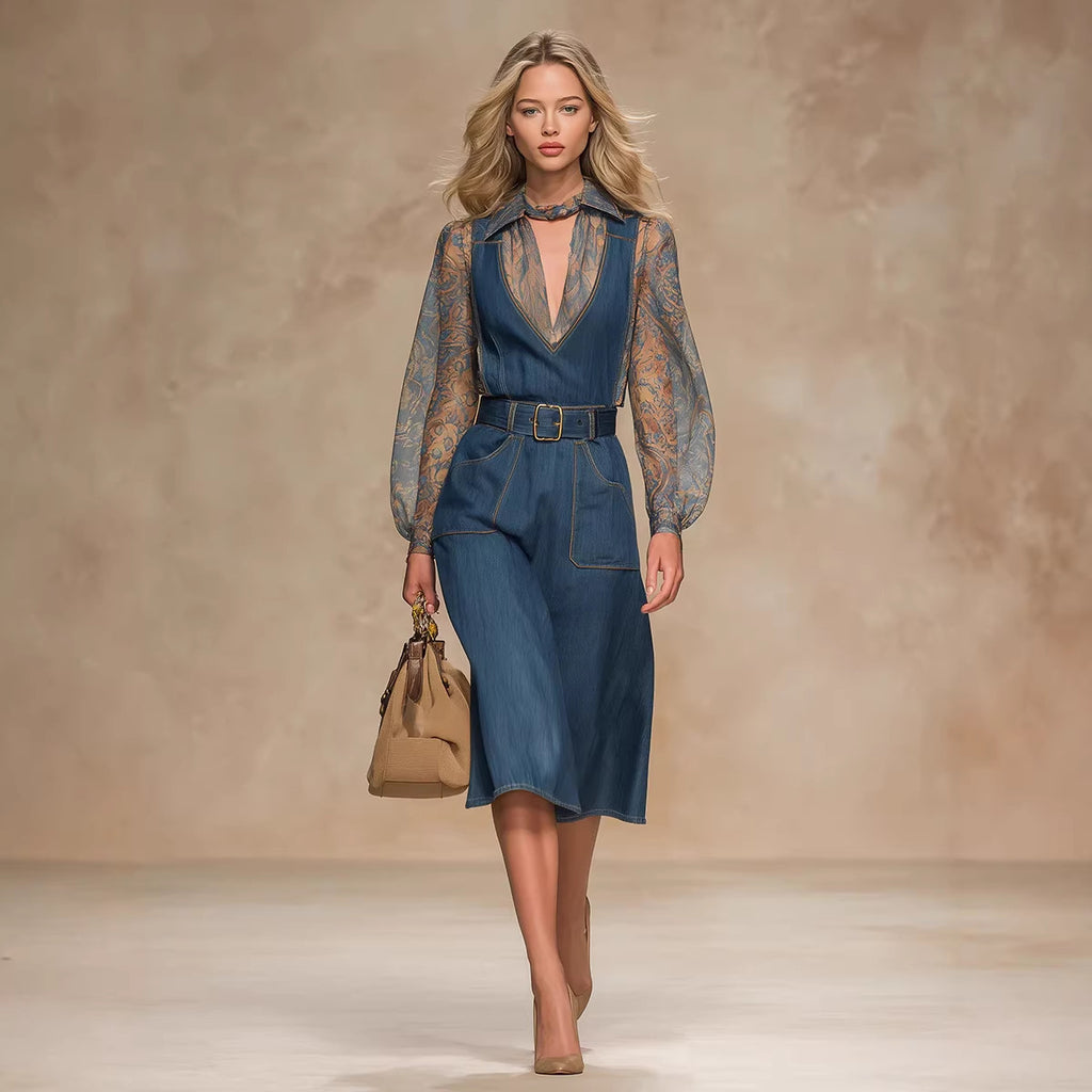 Combinaison en jean bleue taille haute et coupe ample pour femme avec grandes poches