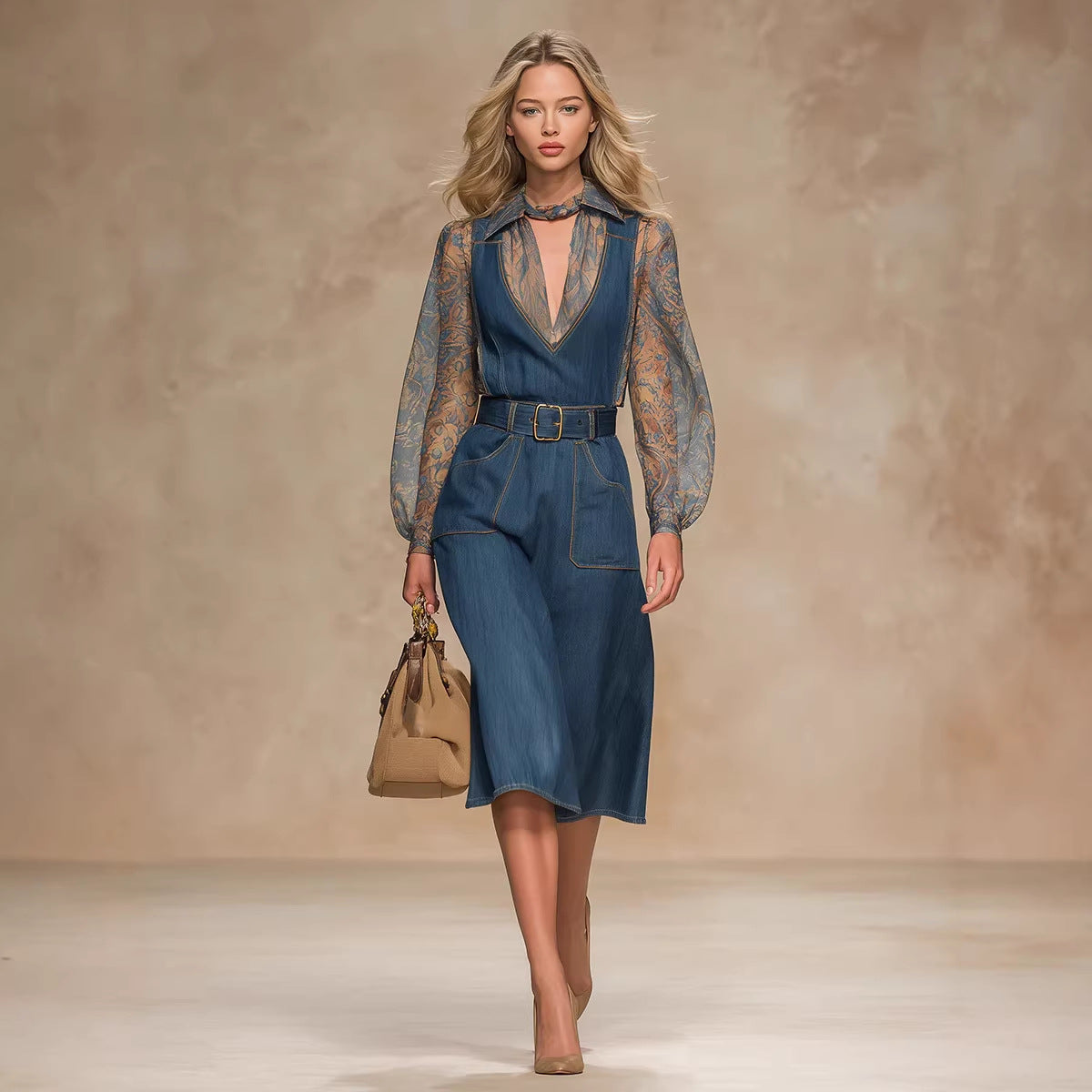 جمبسوت جينز أزرق نسائي بخصر عالٍ وقصة فضفاضة وجيوب كبيرة