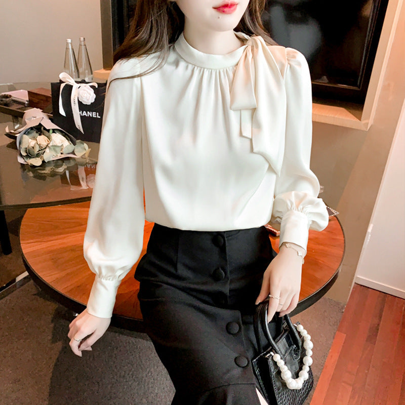 Autumn Satin Shirt Bow Tie-up Top