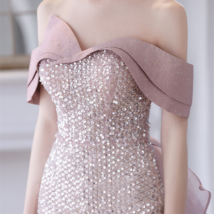 Women's Pink Polyester One-Shoulder Evening Dress