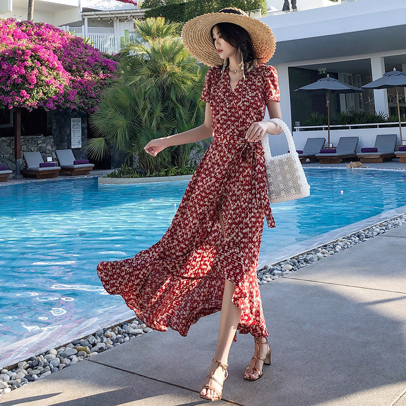 Lace-up Chiffon One-piece Holiday Dress