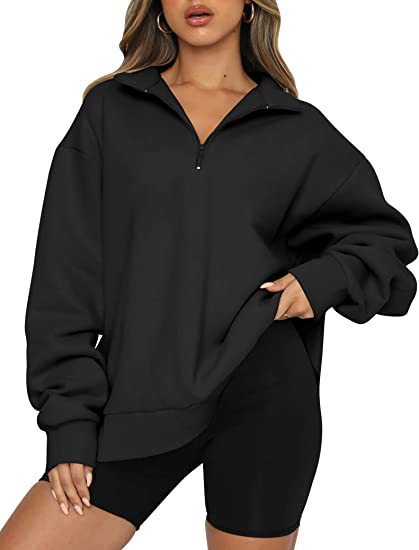 Sweat-shirt zippé femme à col rabattu – Haut pull ample et décontracté