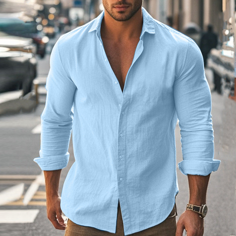 Men's Cotton Linen Shirt High Elastic Comfortable Long Sleeve