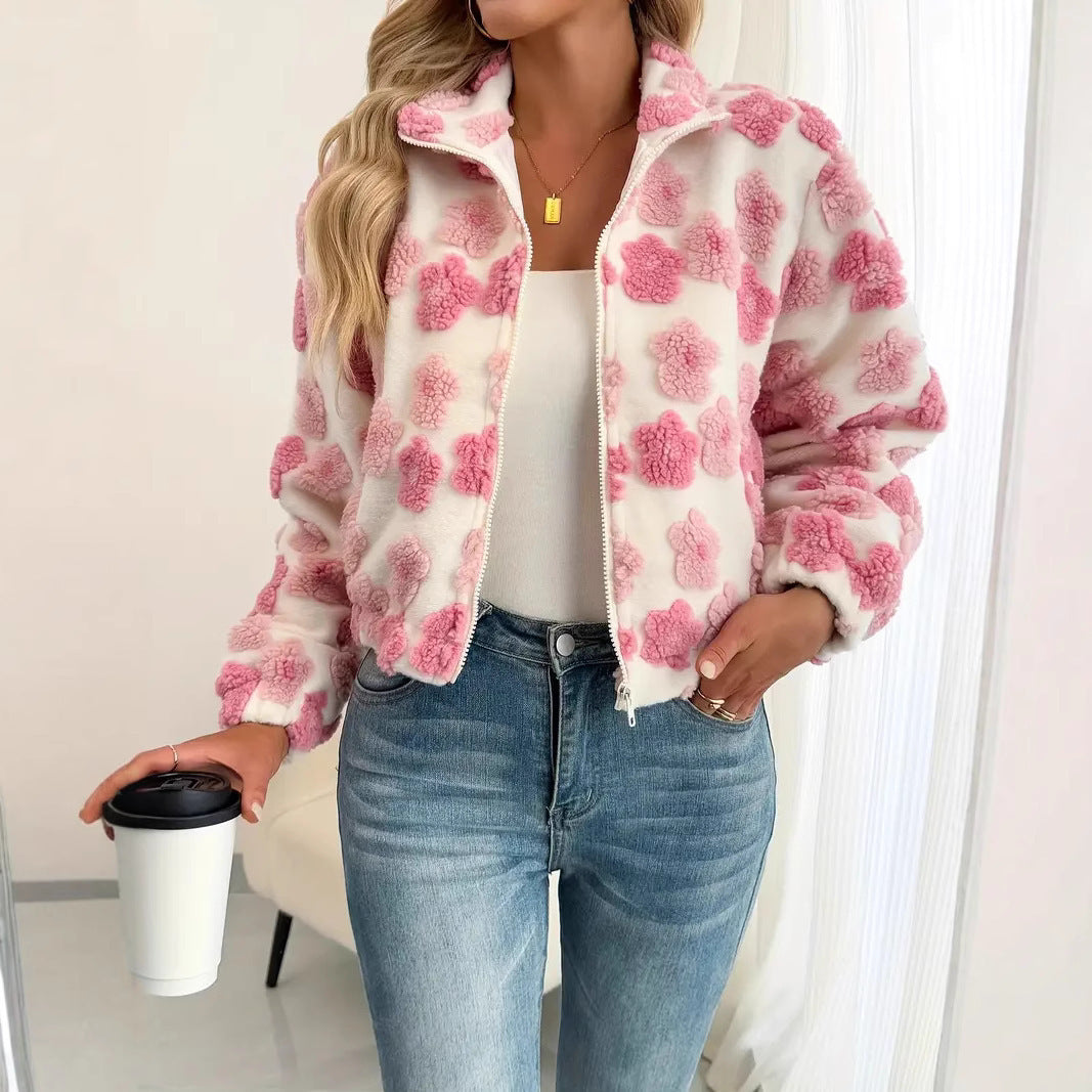 3D Floral European & American Loose Fit Coat with Long Sleeves
