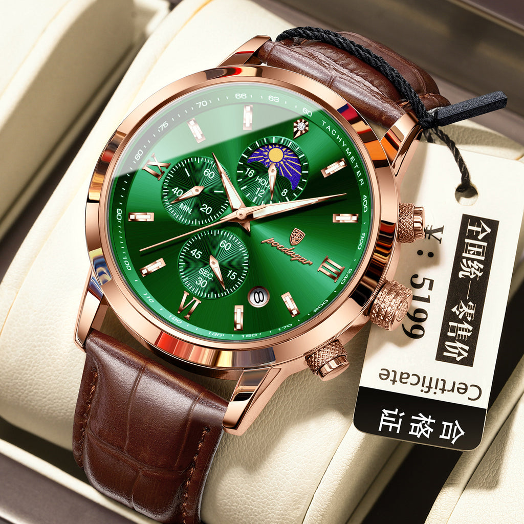 Men's 42mm Alloy Watch with Moon Phase & Multi-Function Chronograph