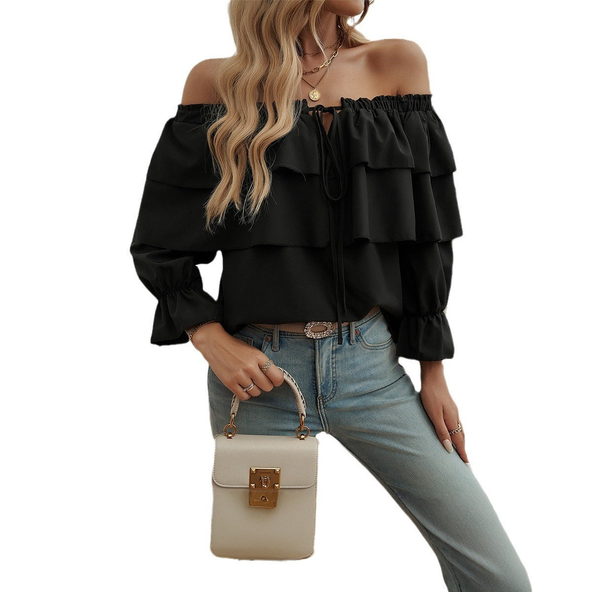 Off-Shoulder Bishop Sleeve Top in Light Blue, Black & White, Sizes S-XL