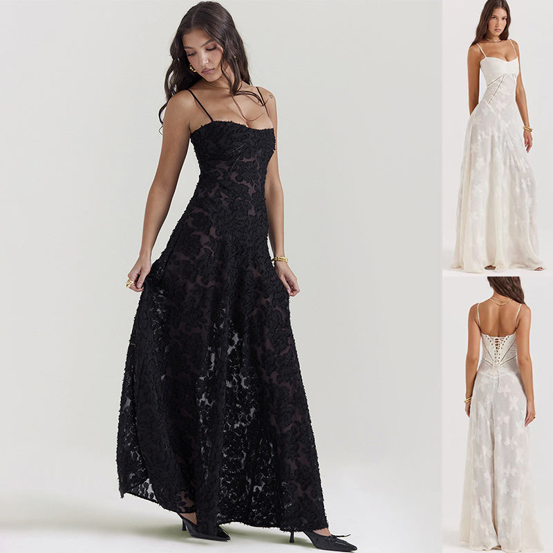 Elegant Strapless Lace Suspender A-Line Dress for Women