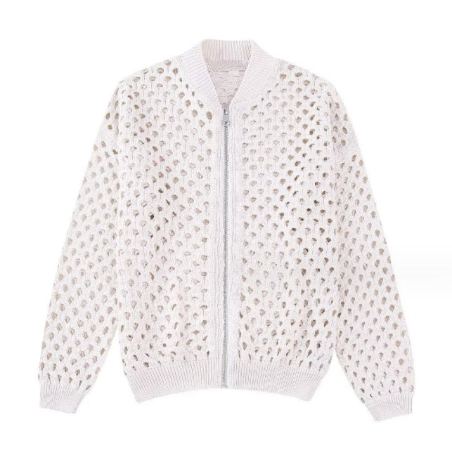 Women's Hollow Knit Polyester Pilot Jacket with Zipper and Half High Collar