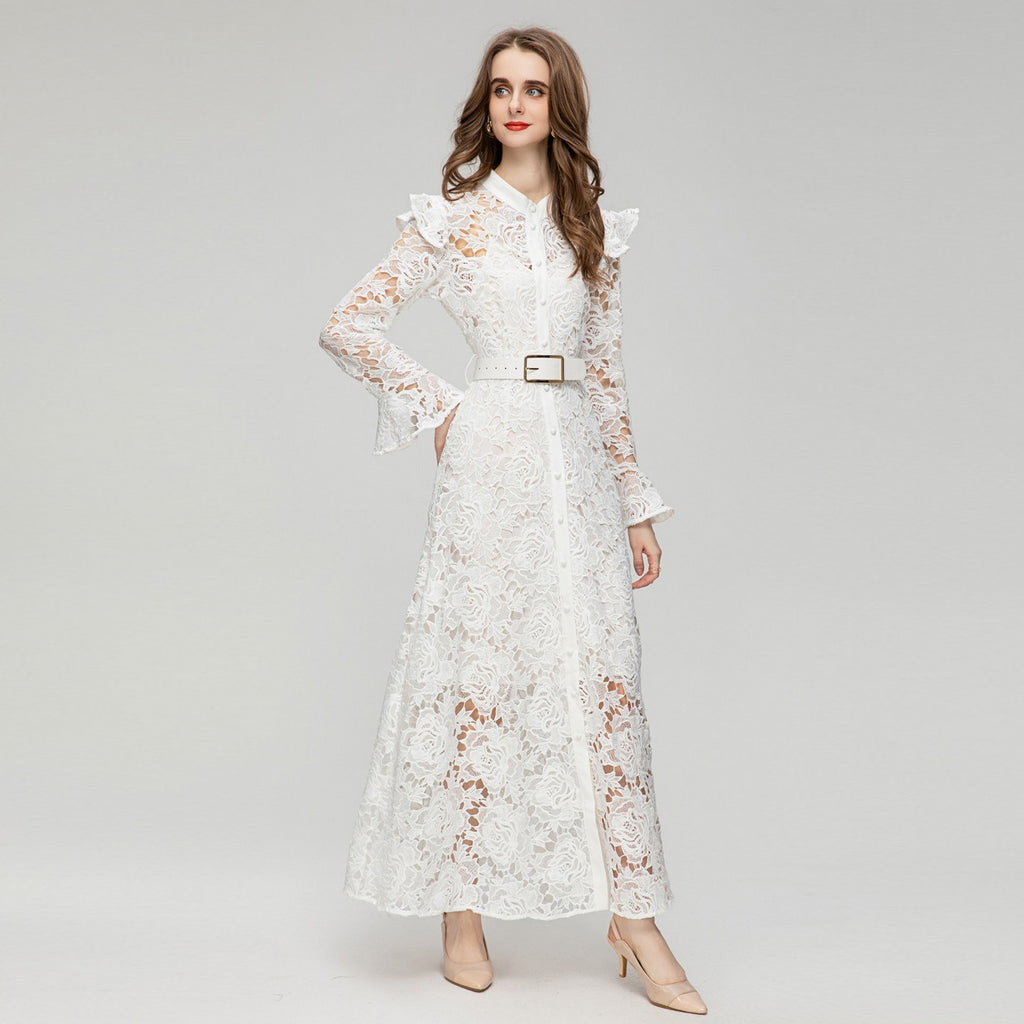 White Stand Collar Single-Breasted Flared Long Sleeve Dress