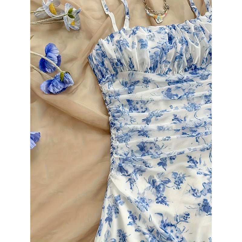 Women's Blue Floral Mid Waist French Strap Dress