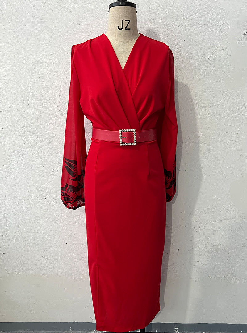 Robe cintrée rouge imprimée avec ceinture pour femme en polyester taille moyenne