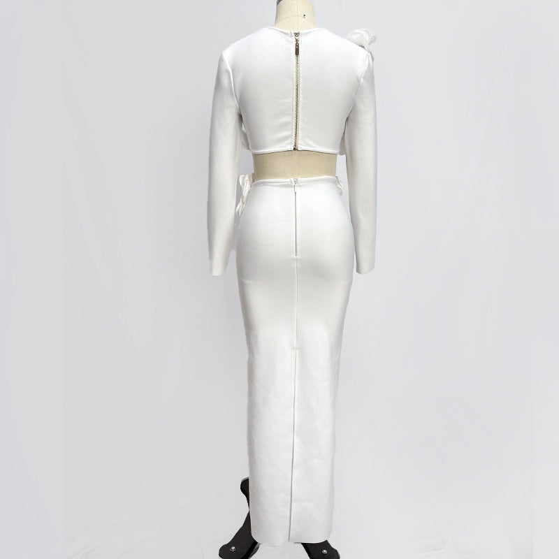 Ladies White Long Sleeve Bandage Dress XS-L Polyester