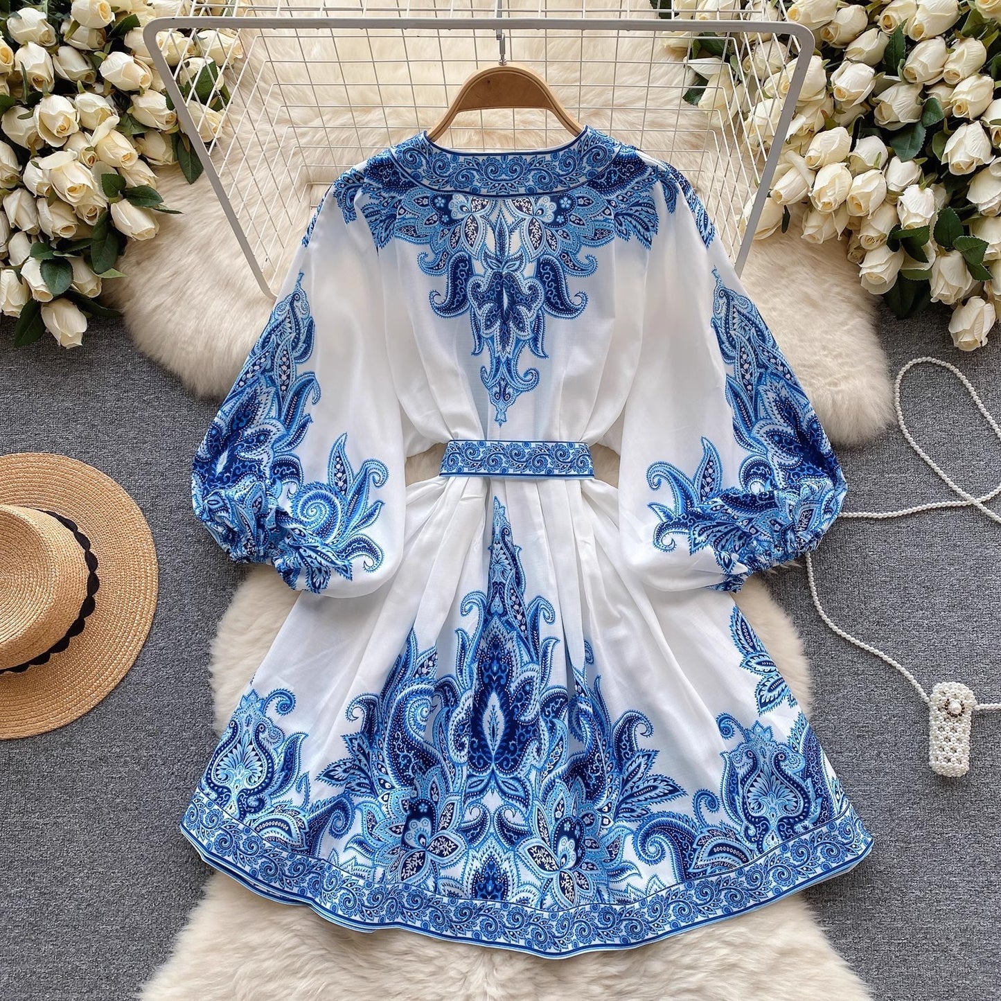 Dress Female Lantern Sleeve Waist Trimming Printing