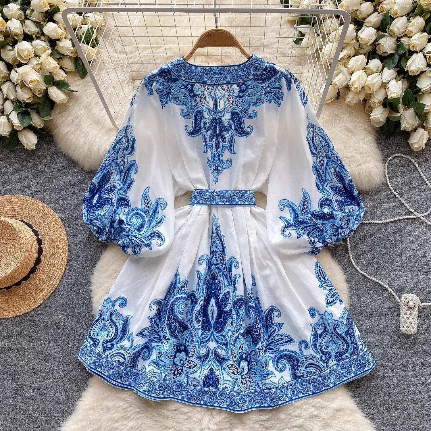 Robe femme imprimée à manches lanternes et taille haute