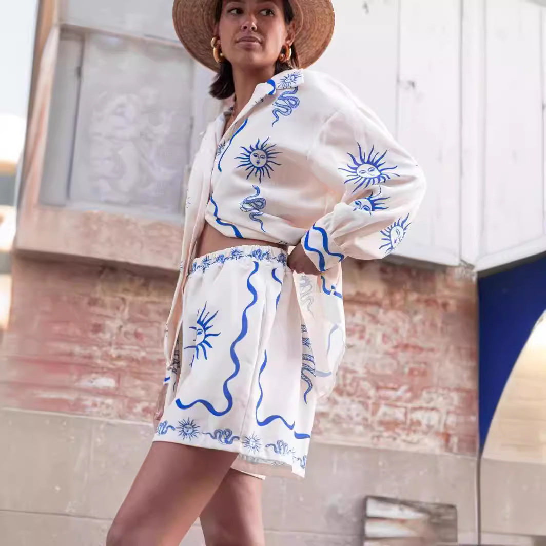 Ensemble chemise, cardigan et short en lin imprimé décontracté