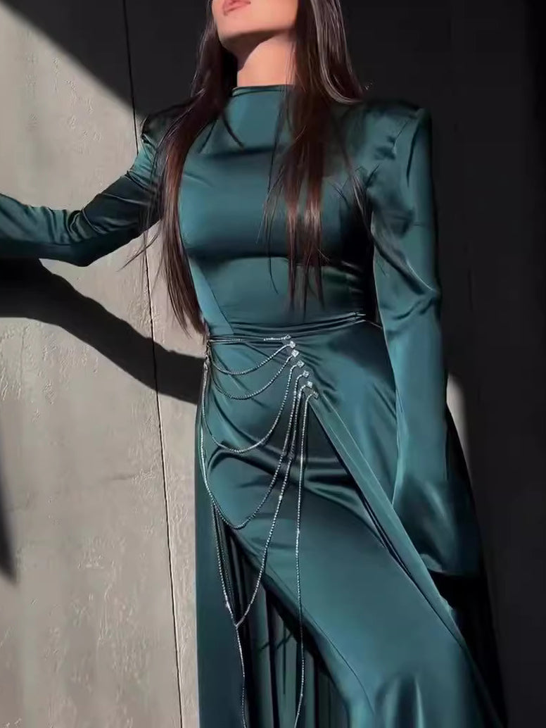 Robe longue maxi à manches longues ornée de clous en satin pour femme musulmane