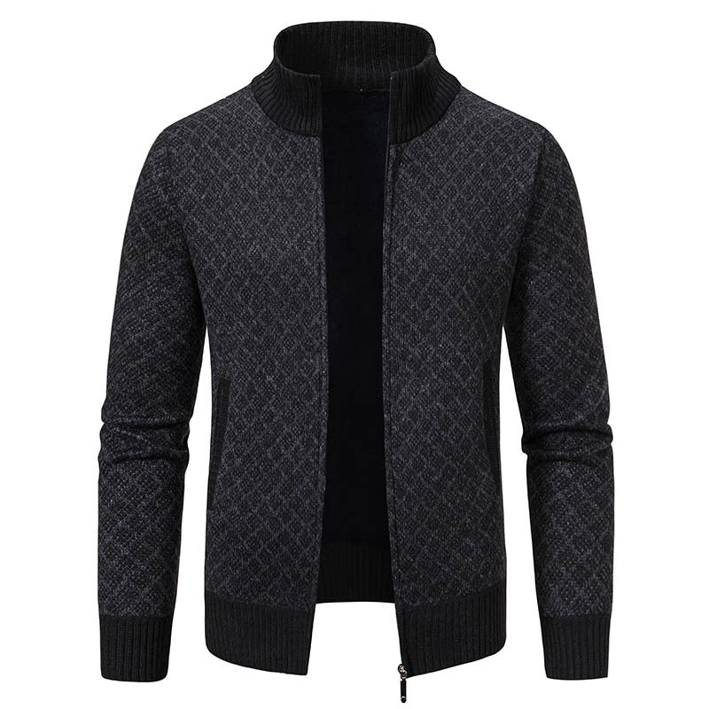 Men's Slim Fit Thickened Plaid Zipper Cardigan Sweater Stand Collar Long Sleeve Winter Knit