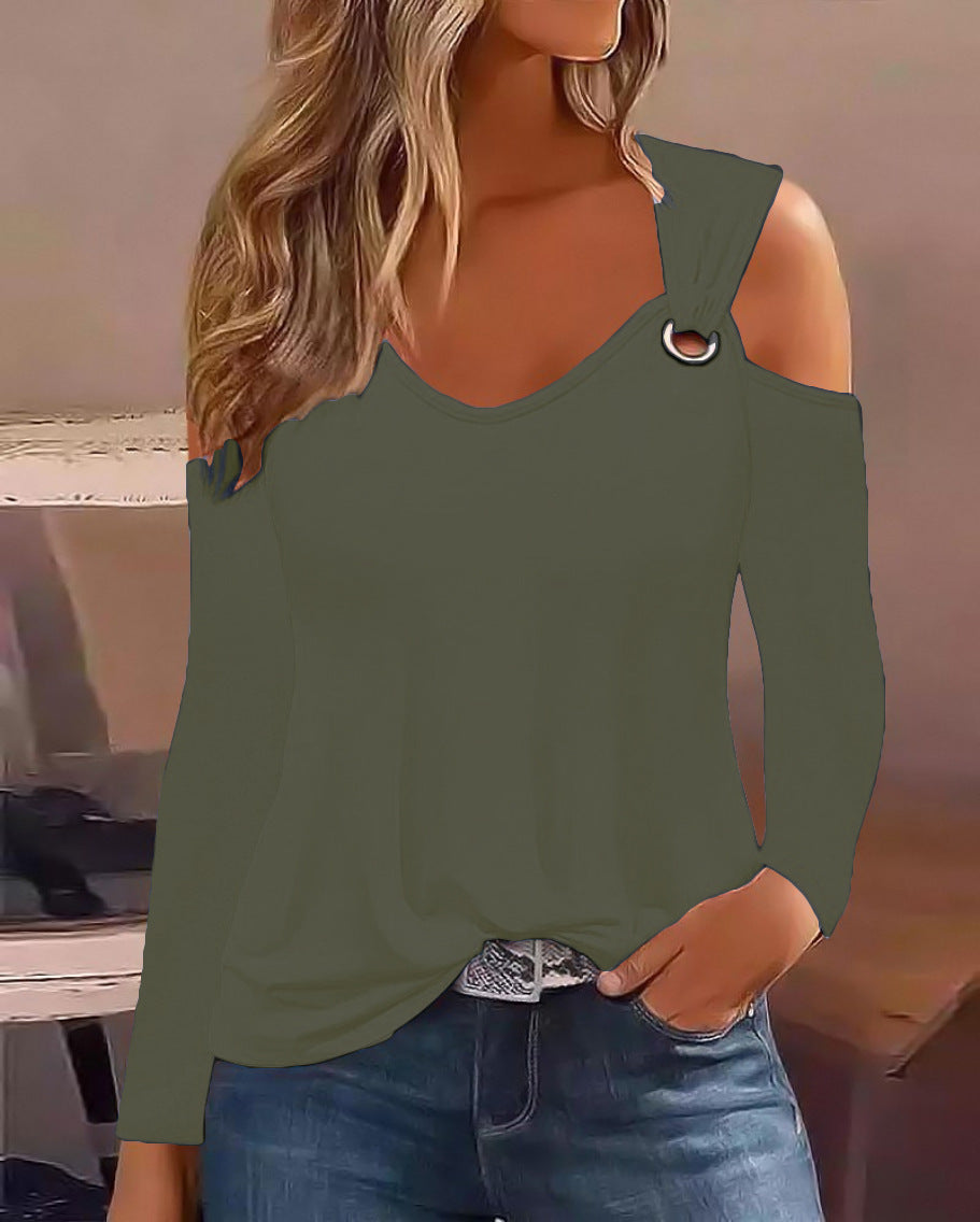 Simple Metal Buckle V-Neck Long Sleeve Shirt Polyester