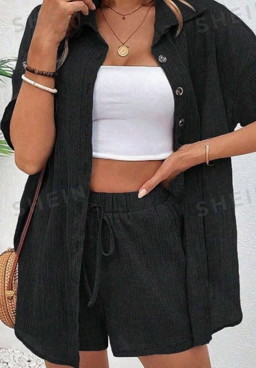 Cardigan et chemise à revers pour femme avec fermeture à simple boutonnage et short