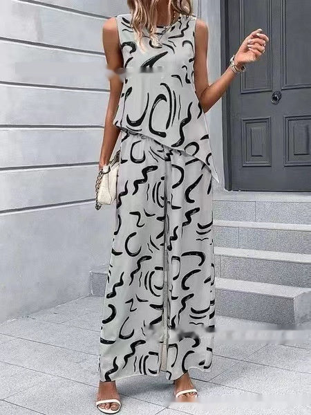 Women's Clothing Spring And Summer Hot-selling Sleeveless Round Neck Beveled Top Printed Pants