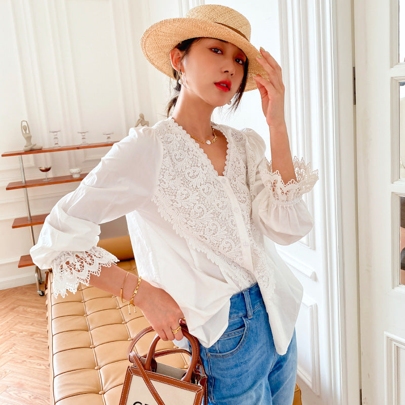 Cardigan blouse en dentelle de coton pour femme, style français