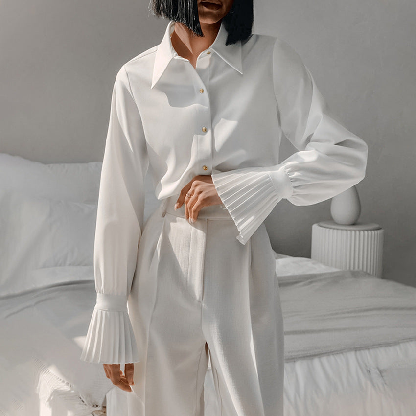 Elegant White Ruffled French Style Business Shirt for Women
