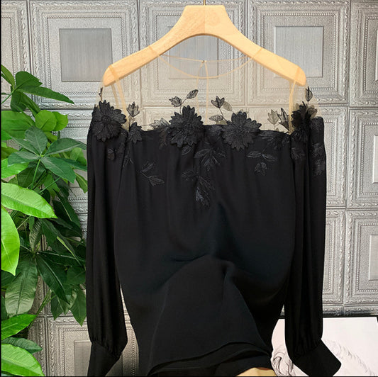 Ladies Long Sleeve Top Elegant Top White Black Retro