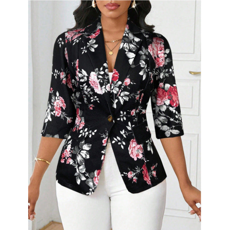 Veste florale tendance pour femme, coloris noir, rose et rouge rosé, tailles S-XL