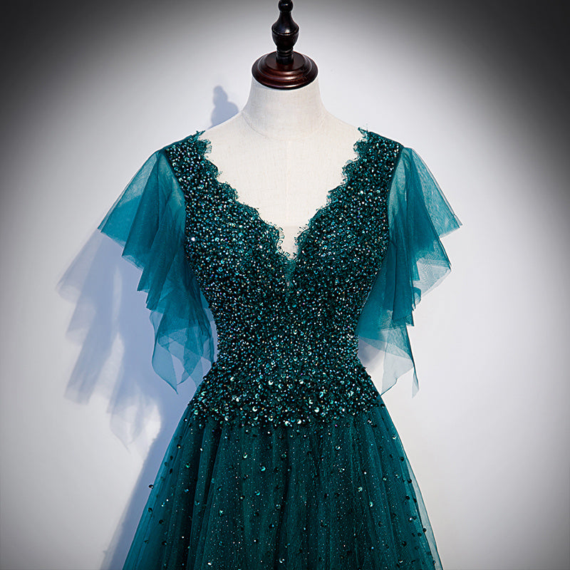 Dark Green Deep V-Neck Evening Dress for Female Host Banquet Performance