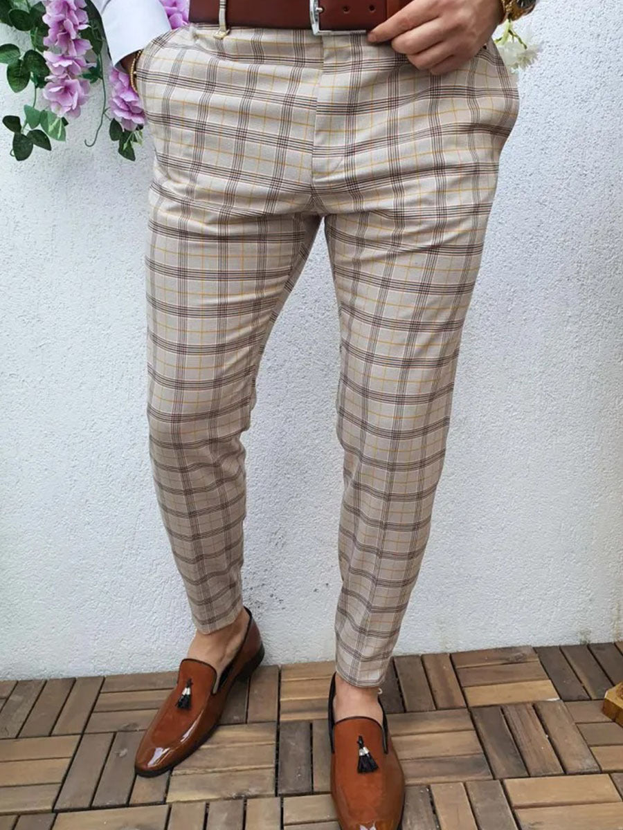 Autumn Men's Plaid Casual Suit Pants Straight Fit