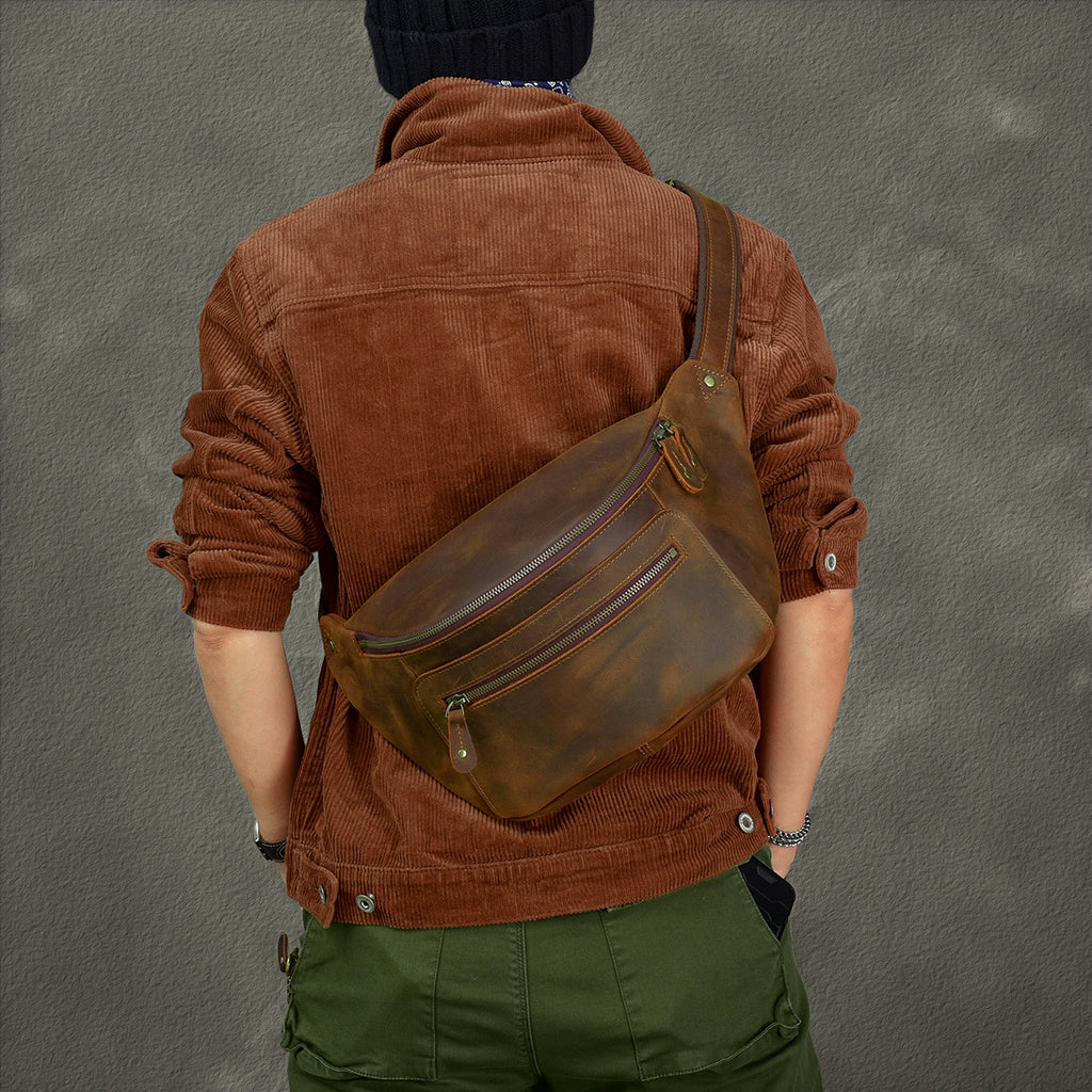 Retro Distressed Crazy Horse Leather Large Men's Chest Bag