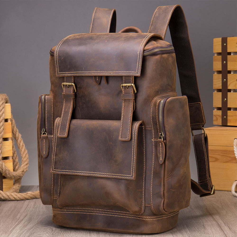 Vintage Crazy Horse Leather Backpack for Men - Coffee
