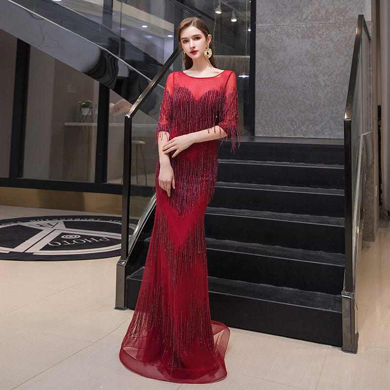 Temperament Hostess Evening Dress for Women with Pearl Beads and Zipper Detail