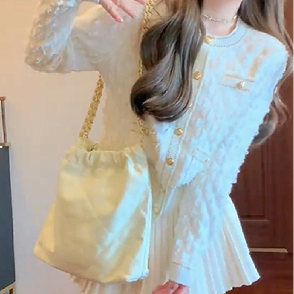 Ensemble jupe et veste blanche pour femme - Style coréen, col rond, manches longues