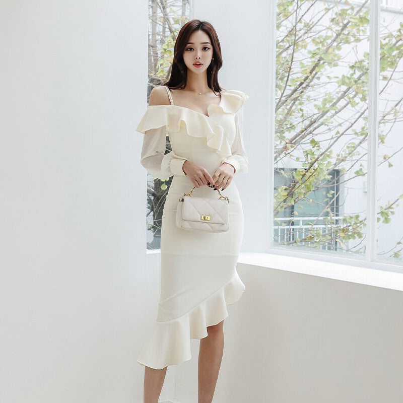 Beige Apricot Ruffled Asymmetric Hip-Wrapped Dress S-XL Polyester