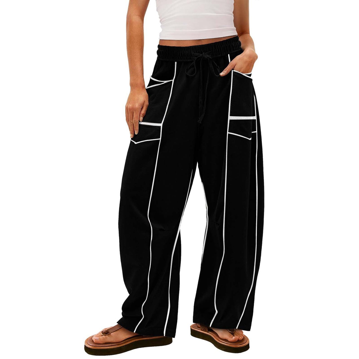 Y2K Black Striped Wide-Leg Cotton Pants with Pockets and Drawstring for Women