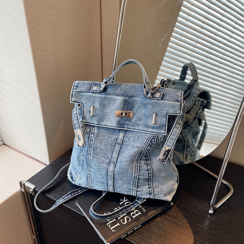 Sac à dos en jean délavé style rétro avec design à la simplicité urbaine