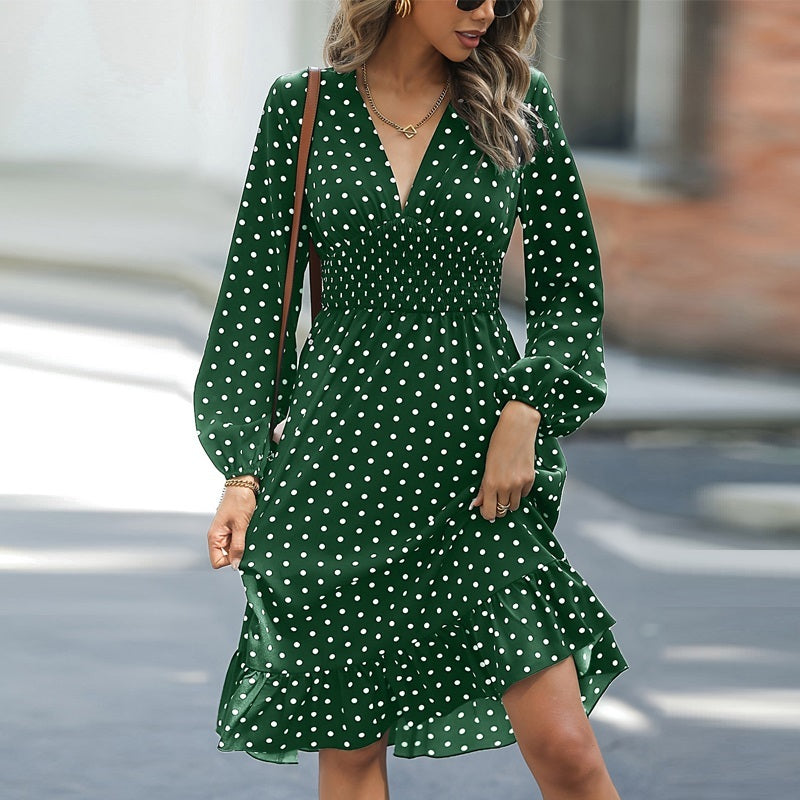 European & American Waist Slimming Polka Dot Long Sleeve Dress