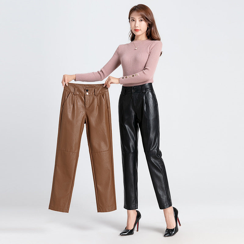 High Waist Small Straight Sheepskin Trousers with Small Feet