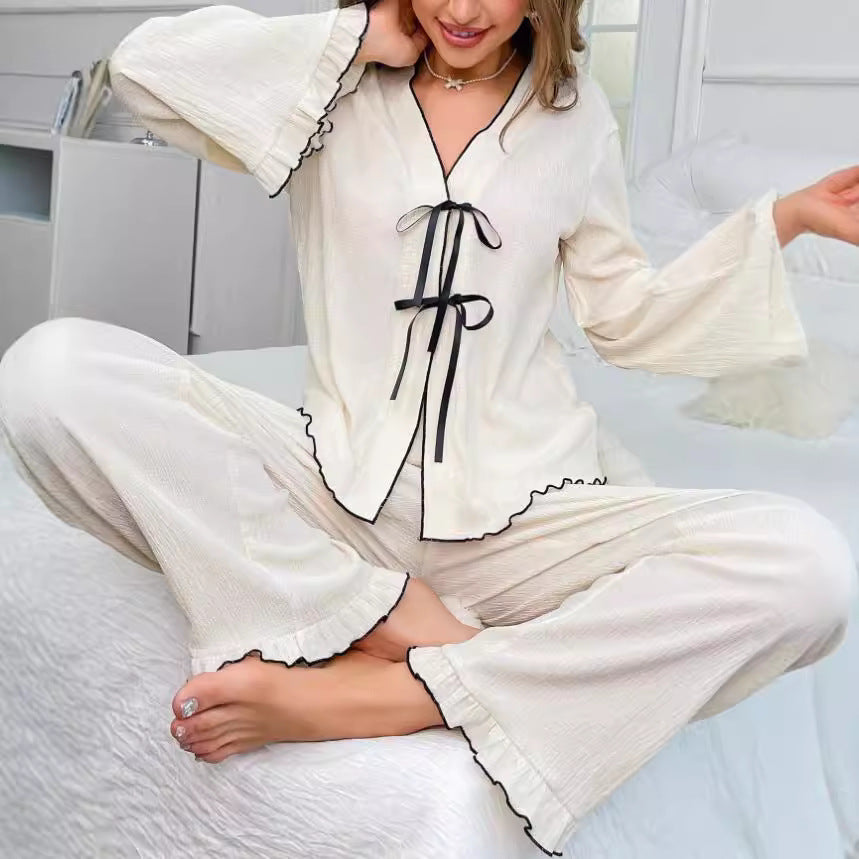 V-Neck Lace-Up Cardigan with Long-Sleeve Pants Set