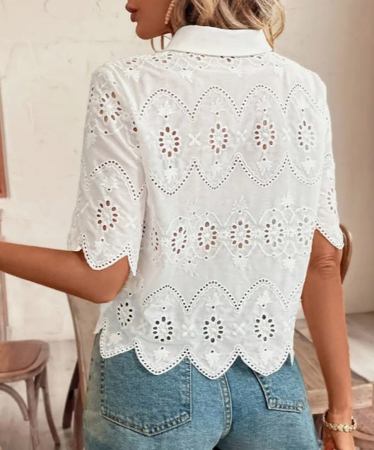 Ladies' Elegant White Short Sleeve Polyester Shirt S-2XL